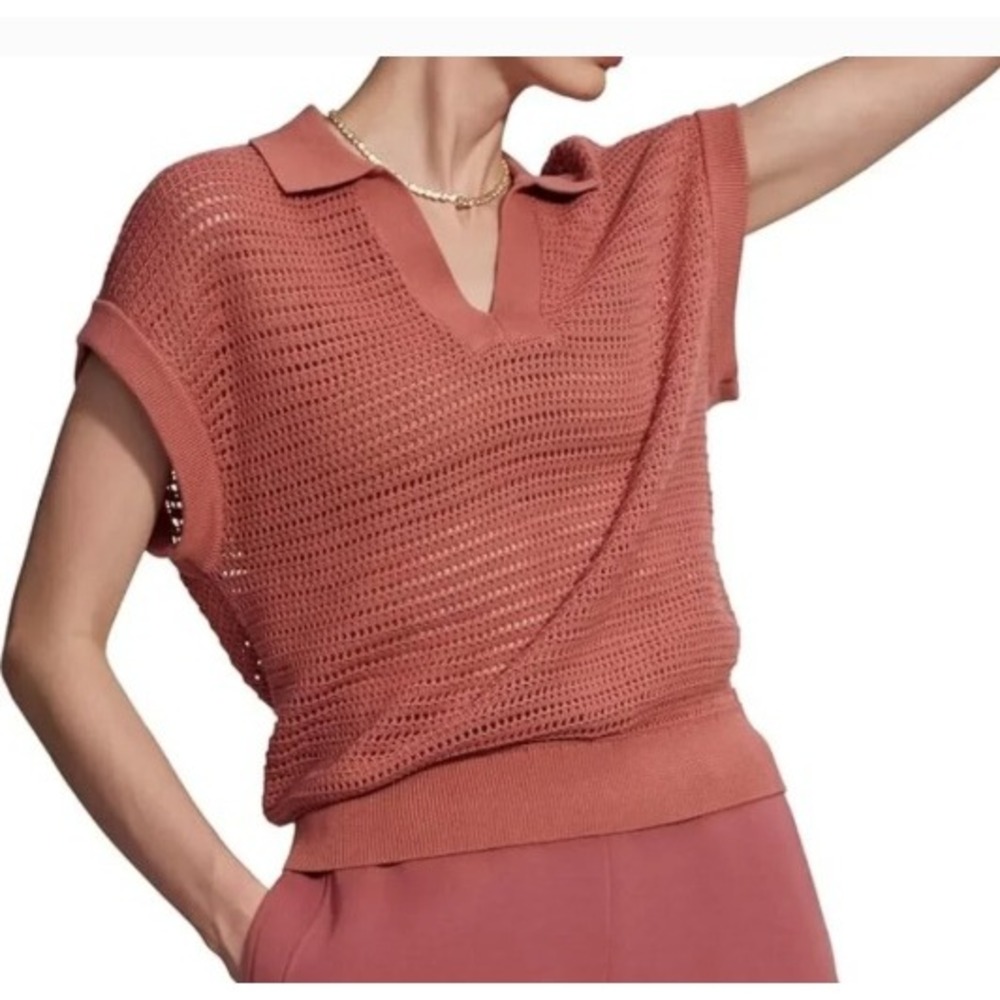 Varley Otto Knit Vest Terracotta Rose Cotton Open Knit Polo Sweater S Coastal‎